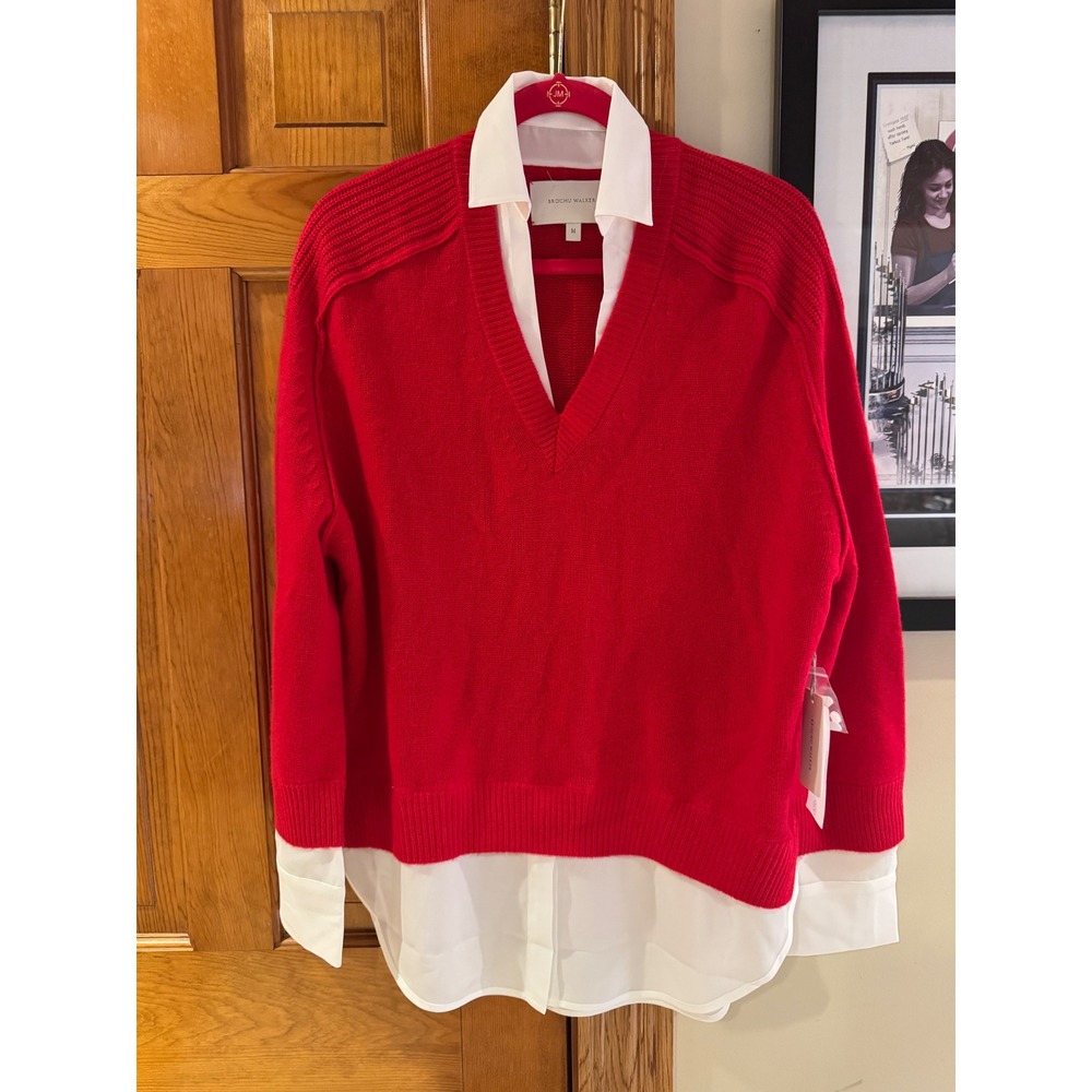 Brochu Walker Looker Layered V-Neck Sweater Aura Red White Collar Cashmere NWT M